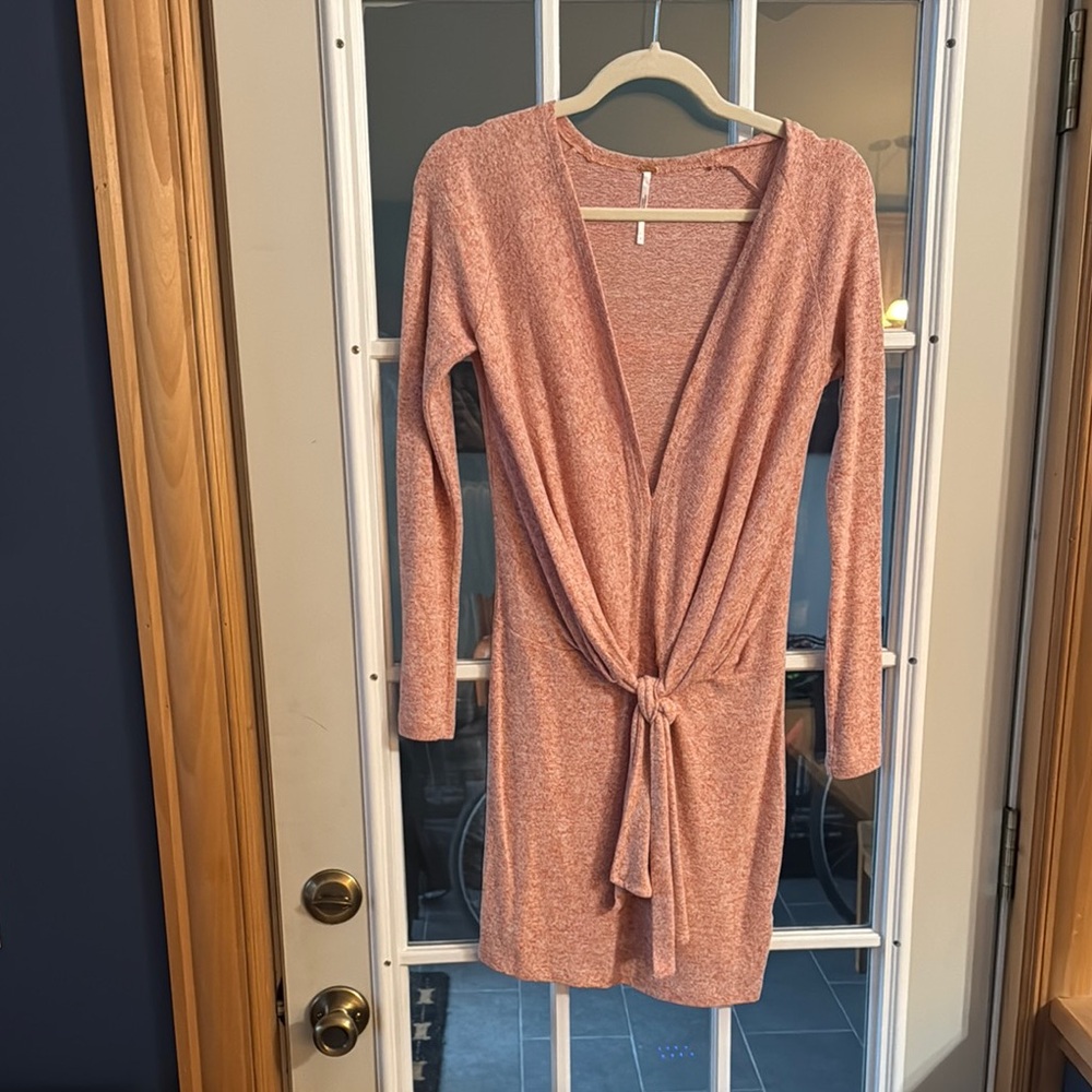 Free People Pink Long Sleeve Bodycon Dress with Plunge Neckline